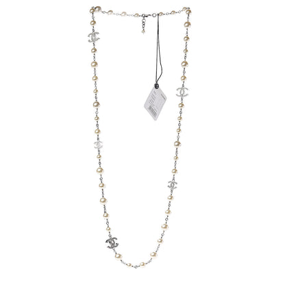 Chanel Graduated Pearl Crystal CC Long Necklace Silver 3 of 5