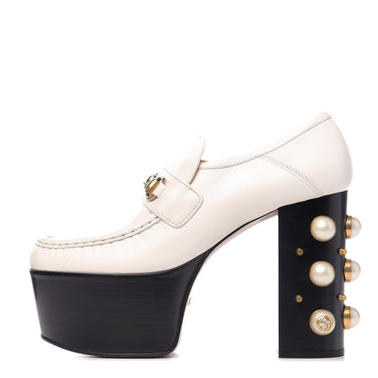 Gucci Malaga Kid Pearl Studded Vegas Platform Loafers 40 Mystic White 1 of 9
