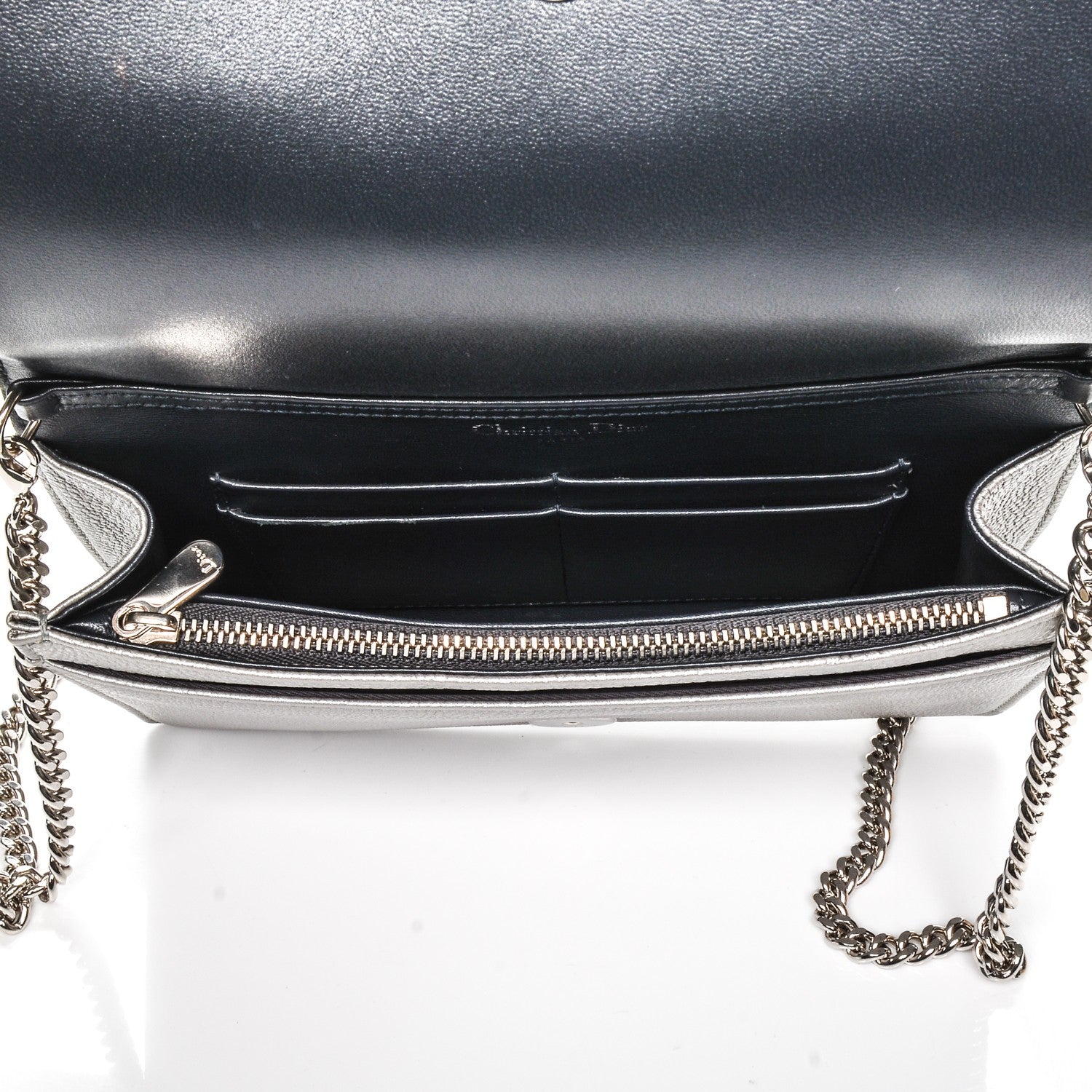Christian Dior Metallic Grained Calfskin Diorama Wallet on Chain Pouch Silver 5 of 7
