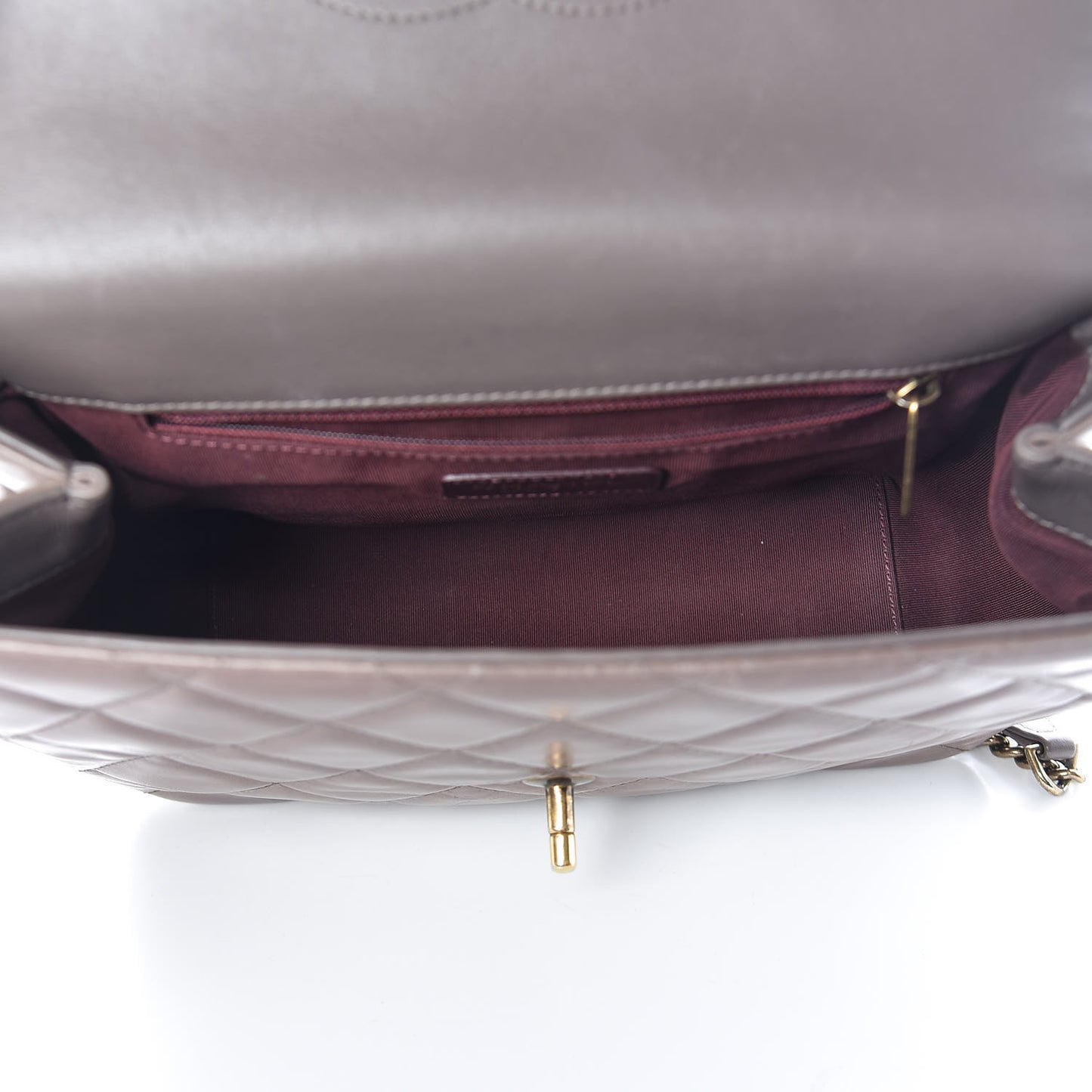 Glazed Calfskin Quilted Medium Gold Bar Top Handle Flap Dark Grey