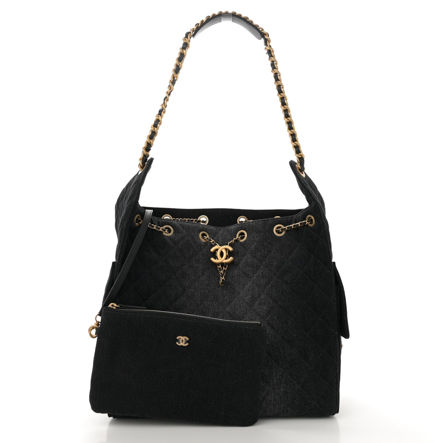 Washed Denim Quilted Medium Chanel 25 Handbag Black