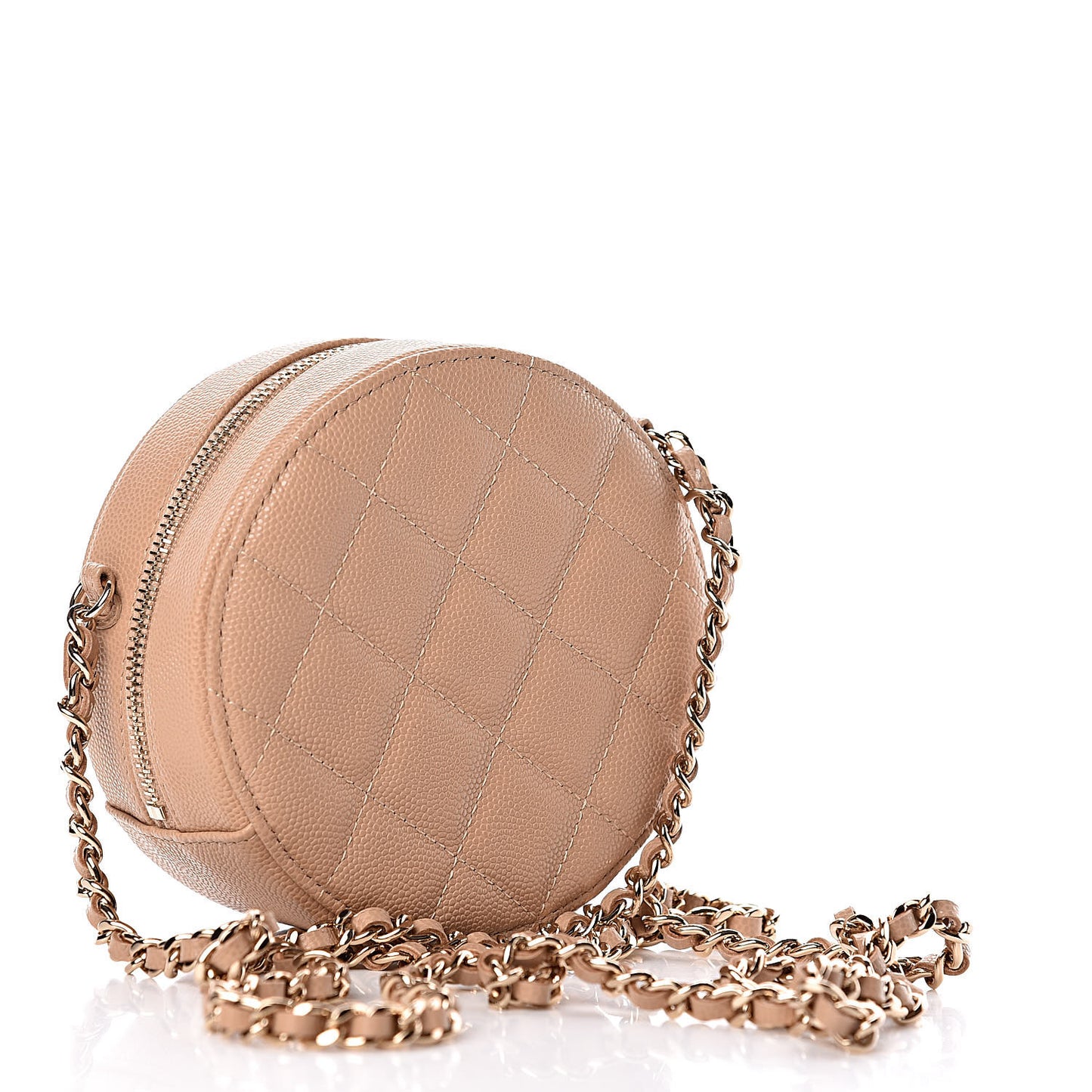 Caviar Quilted Round Clutch With Chain Beige