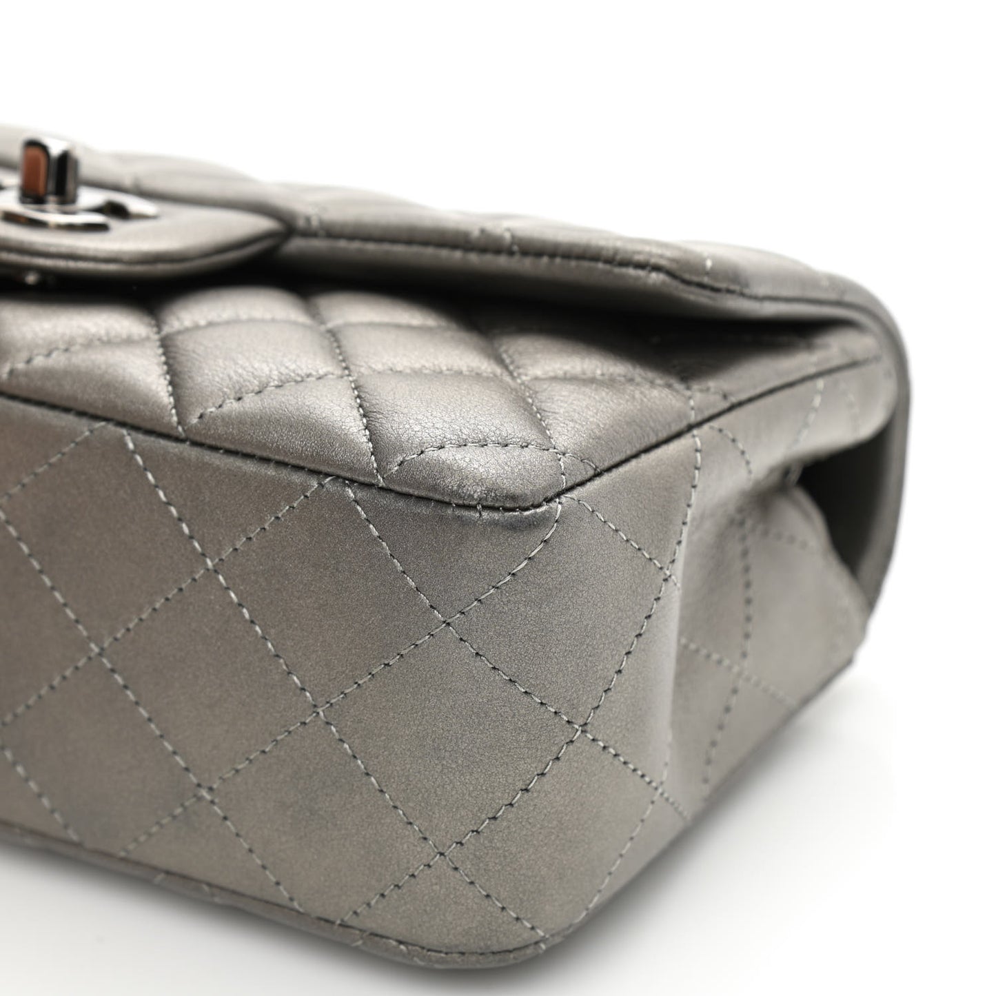 Metallic Calfskin Quilted Mini Rectangular Flap Ruthenium
