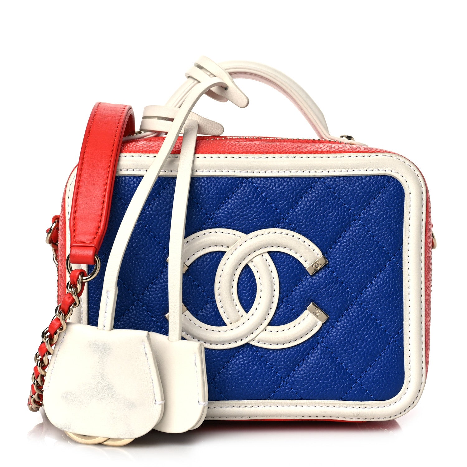 Chanel Caviar Quilted Small CC Filigree Vanity Case Blue White Red 1 of 10