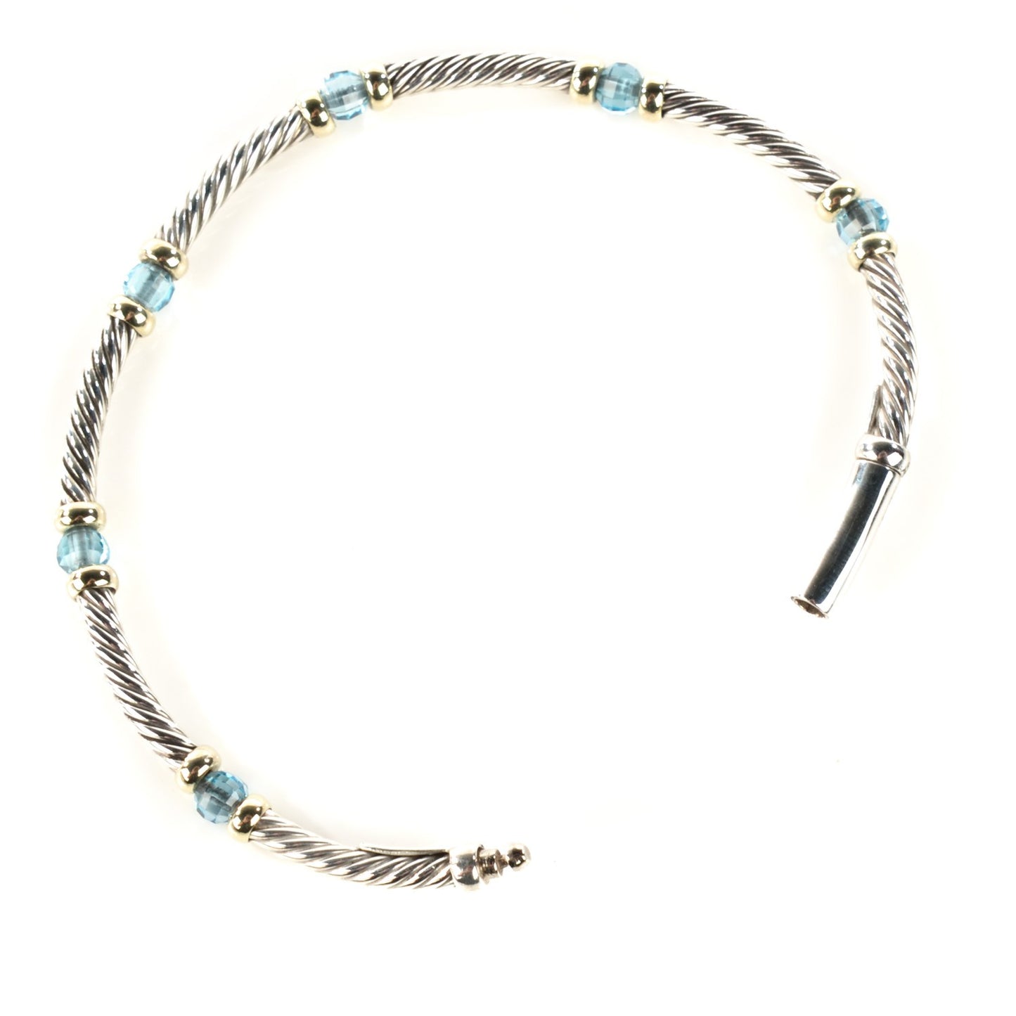 Sterling Silver 14K Yellow Gold Blue Topaz Beaded 4mm Cable Bracelet