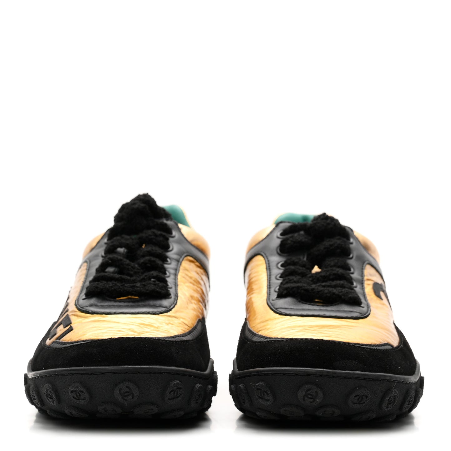 Metallic Fabric Calfskin Suede Crocodile Embossed CC Sneakers 38.5 Black Gold