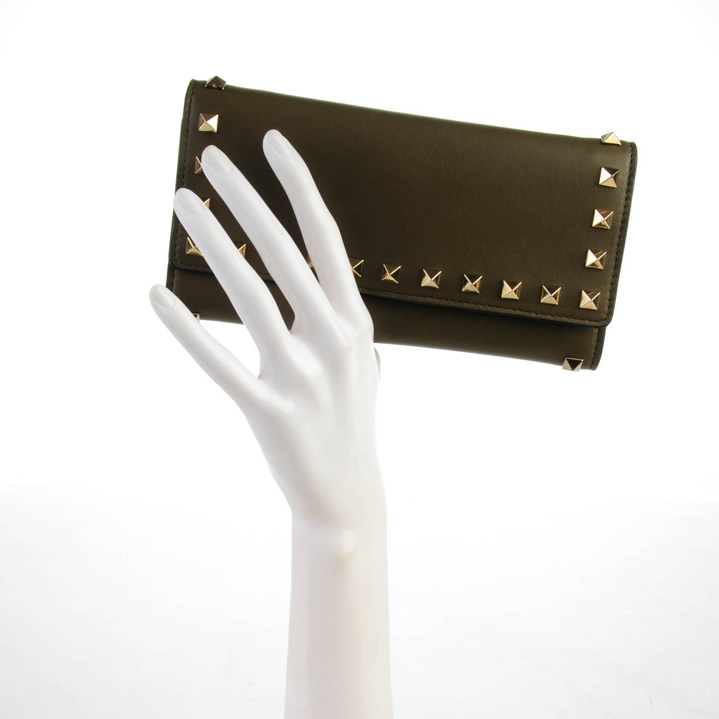 Calfskin Rockstud Flap Wallet Army Green