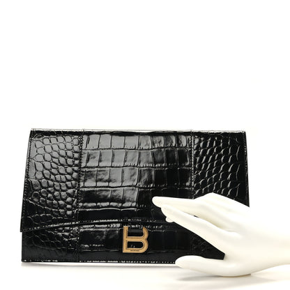Balenciaga Shiny Calfskin Crocodile Embossed Hourglass Flap Flat Pouch Black 2 of 7
