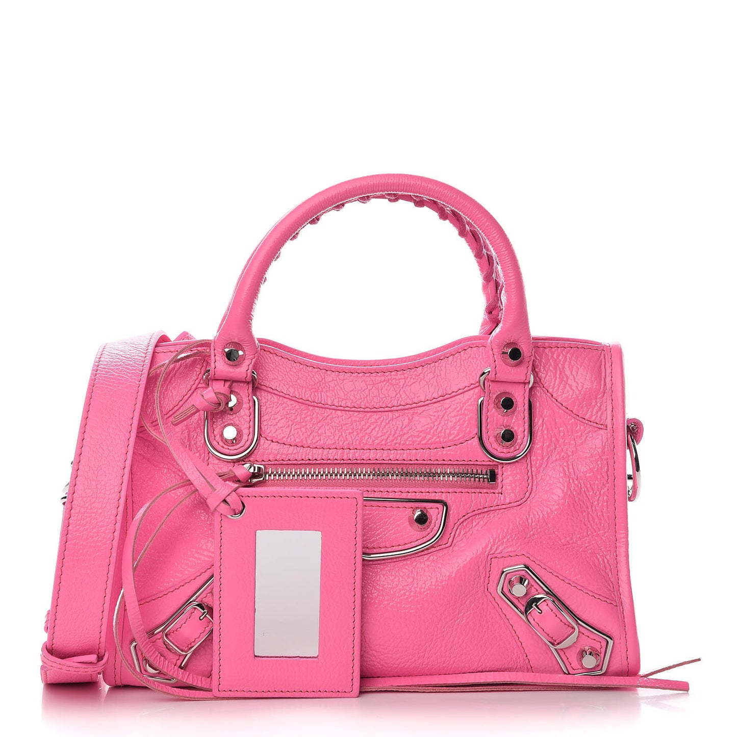 Shiny Goatskin Silver Metallic Edge Hardware Mini City Acid Pink