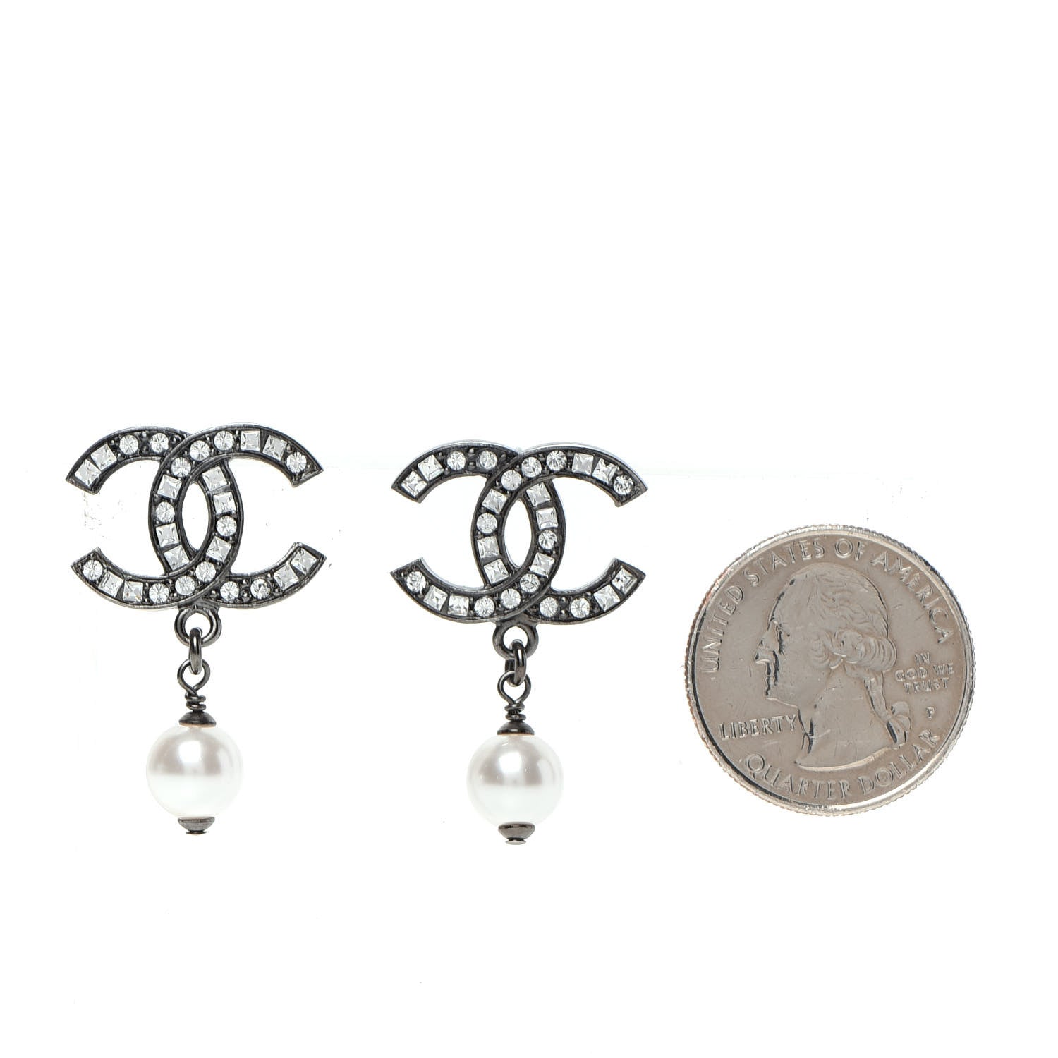 Chanel Baguette Crystal Pearl CC Drop Earrings Ruthenium 2 of 6