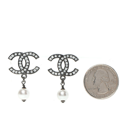 Chanel Baguette Crystal Pearl CC Drop Earrings Ruthenium 2 of 6