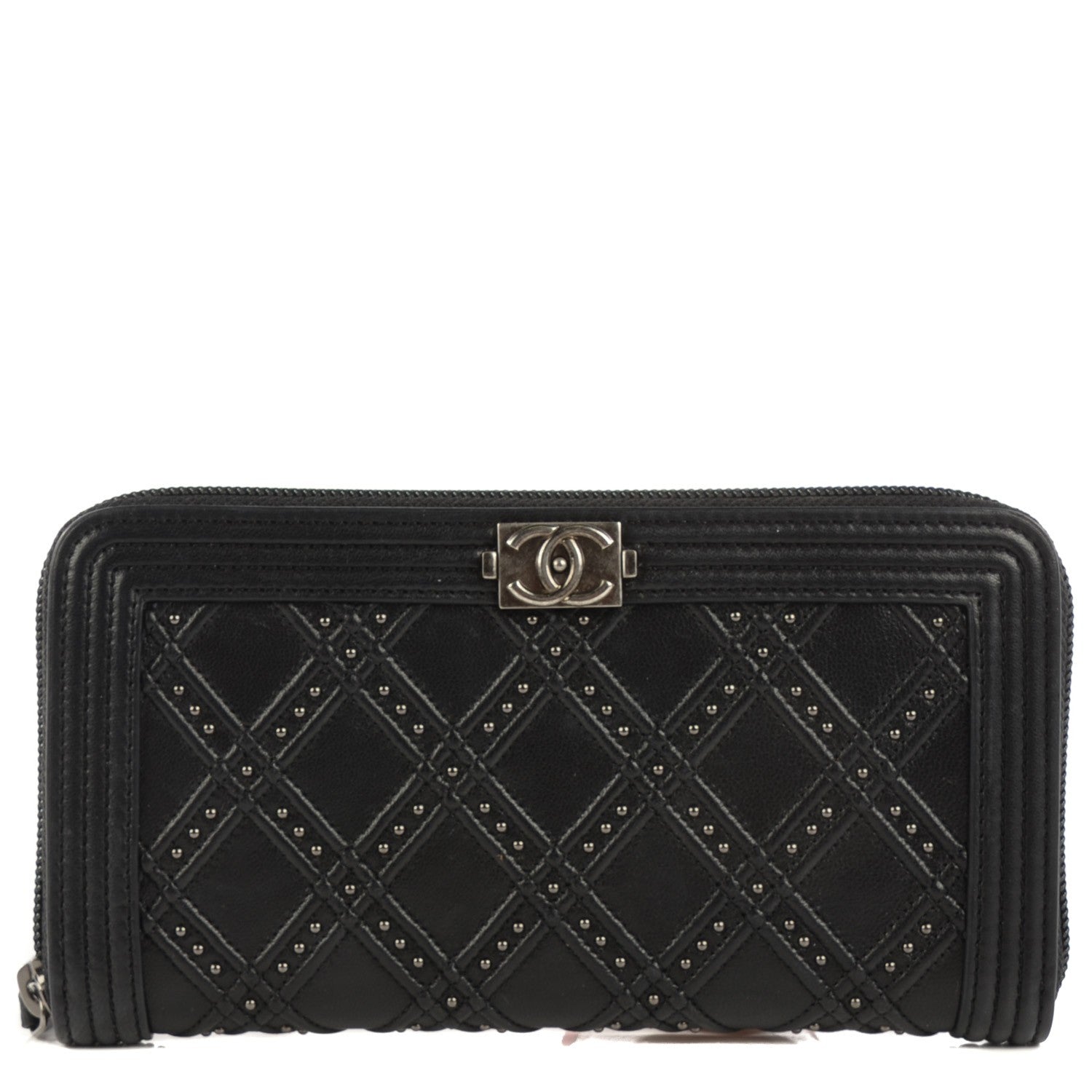 Chanel Lambskin Studded Paris Dallas Boy Zip Around Wallet Black 1 of 8
