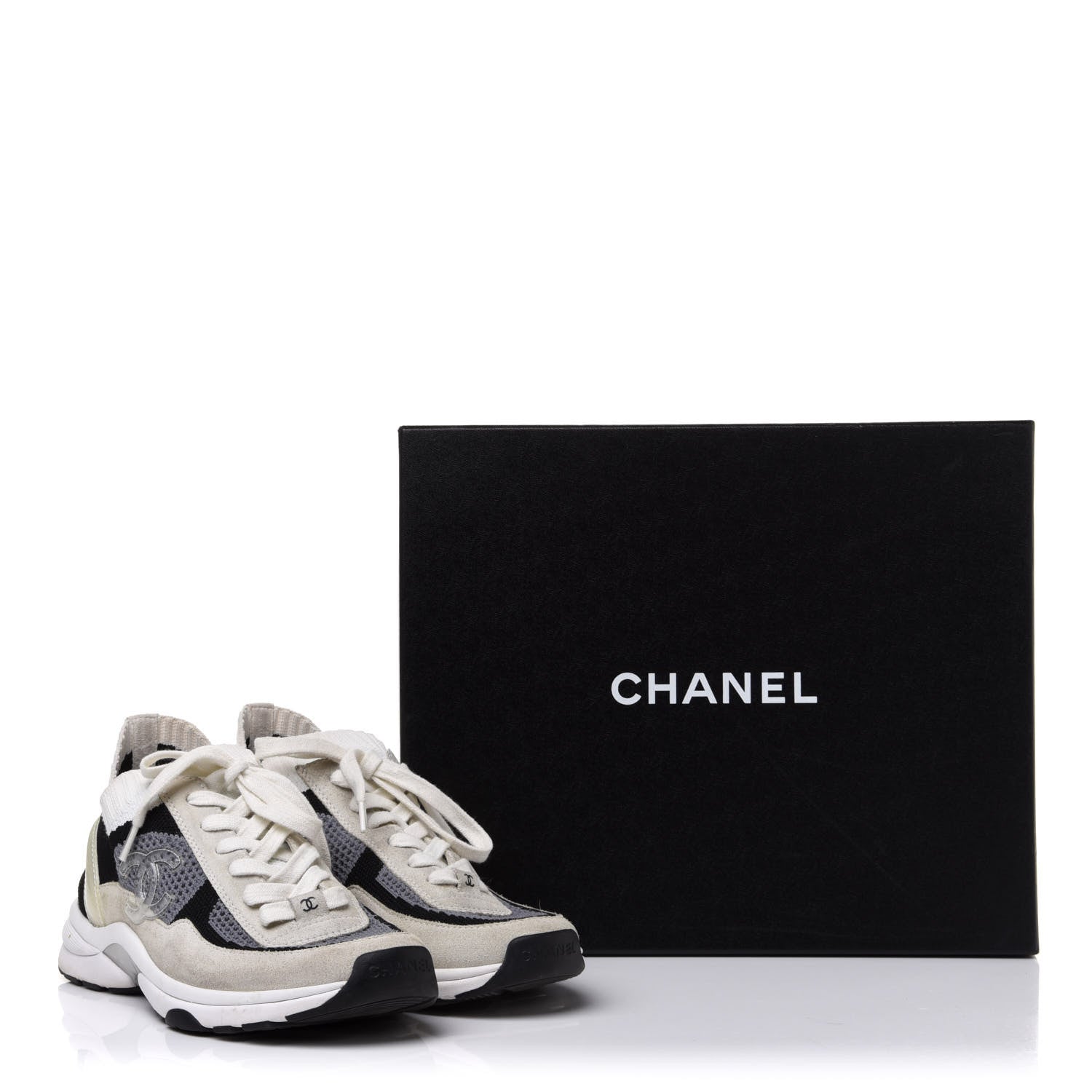 Chanel Fabric Suede Calfskin Stretch CC Sneakers Beige Black 8 of 8