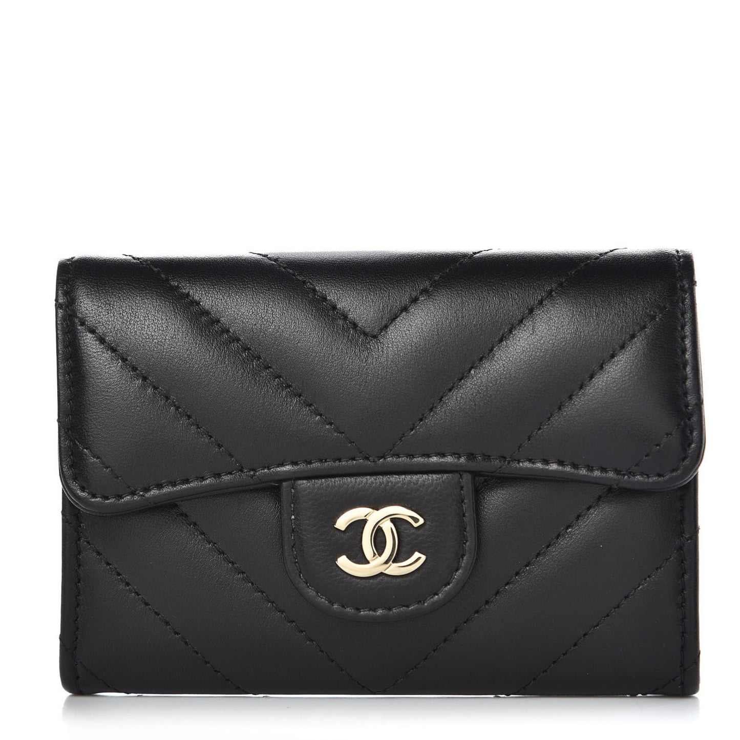Lambskin Chevron Quilted Flap Card Holder Black