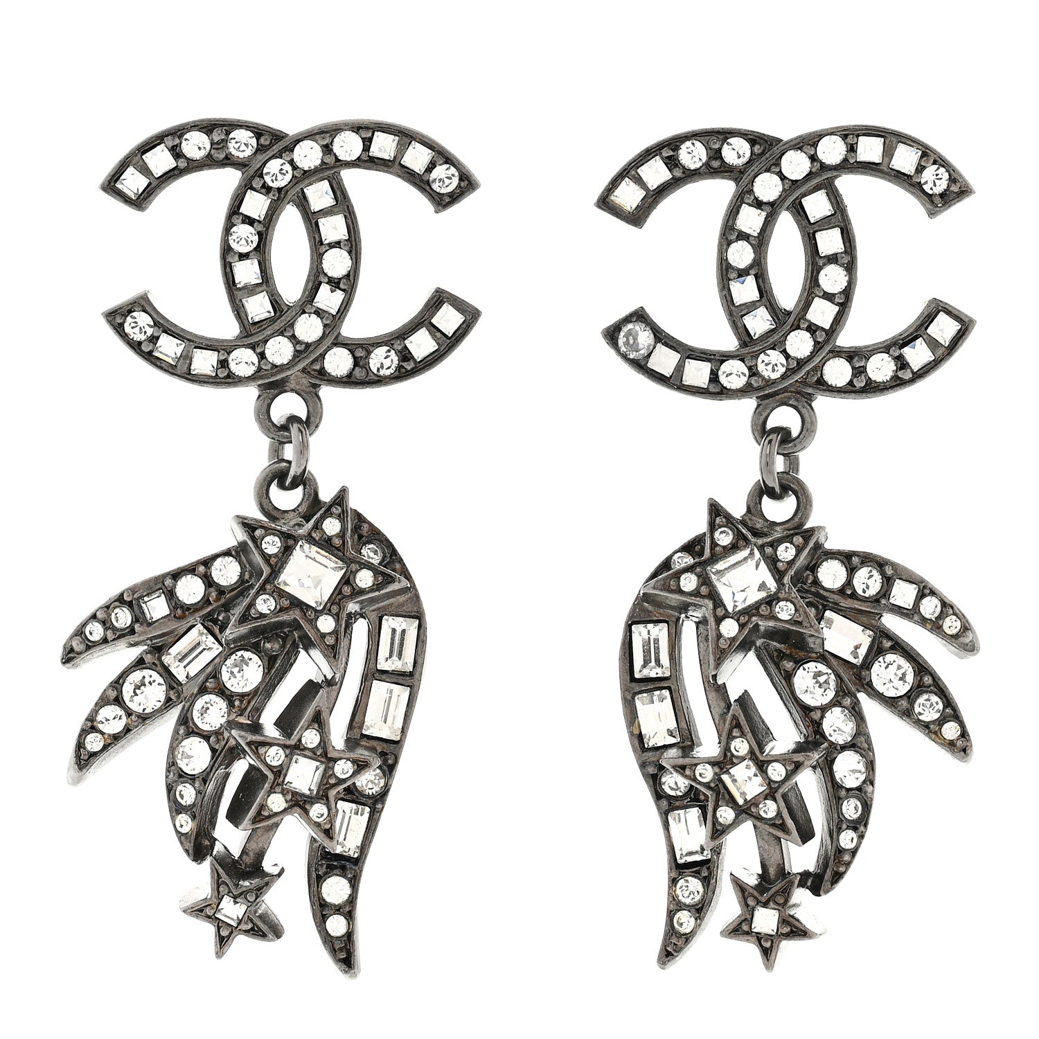Chanel Ruthenium Crystal Baguette CC Wing Star Earrings 1 of 5