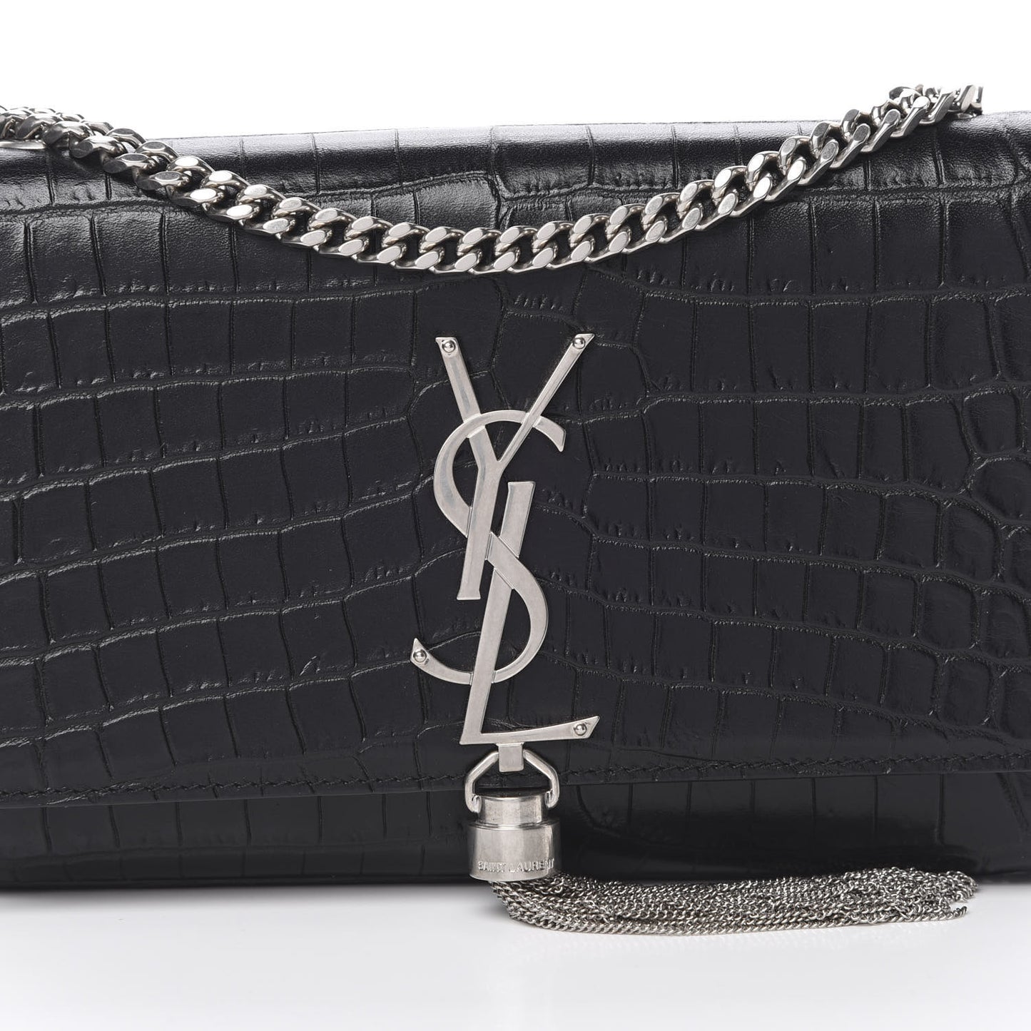 Calfskin Crocodile Embossed Monogram Small Kate Tassel Satchel Black