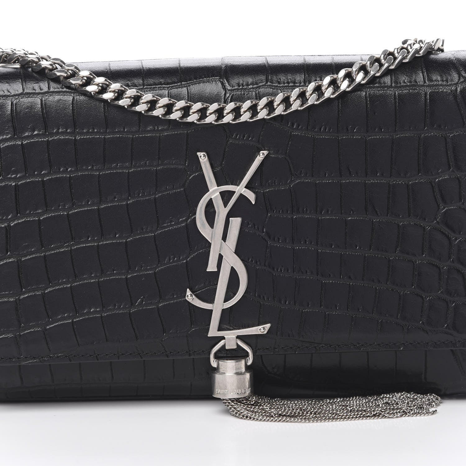 Saint Laurent Calfskin Crocodile Embossed Monogram Small Kate Tassel Satchel Black 7 of 9