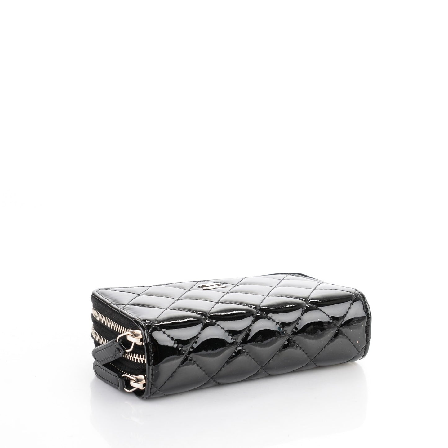 Patent Calfskin Quilted Zip Around Phone Holder Black