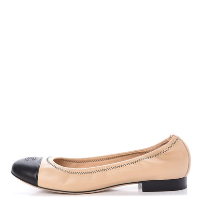 Chanel Lambskin CC Elastic Cap Toe Ballerina Flats 39 Beige Black 1 of 11