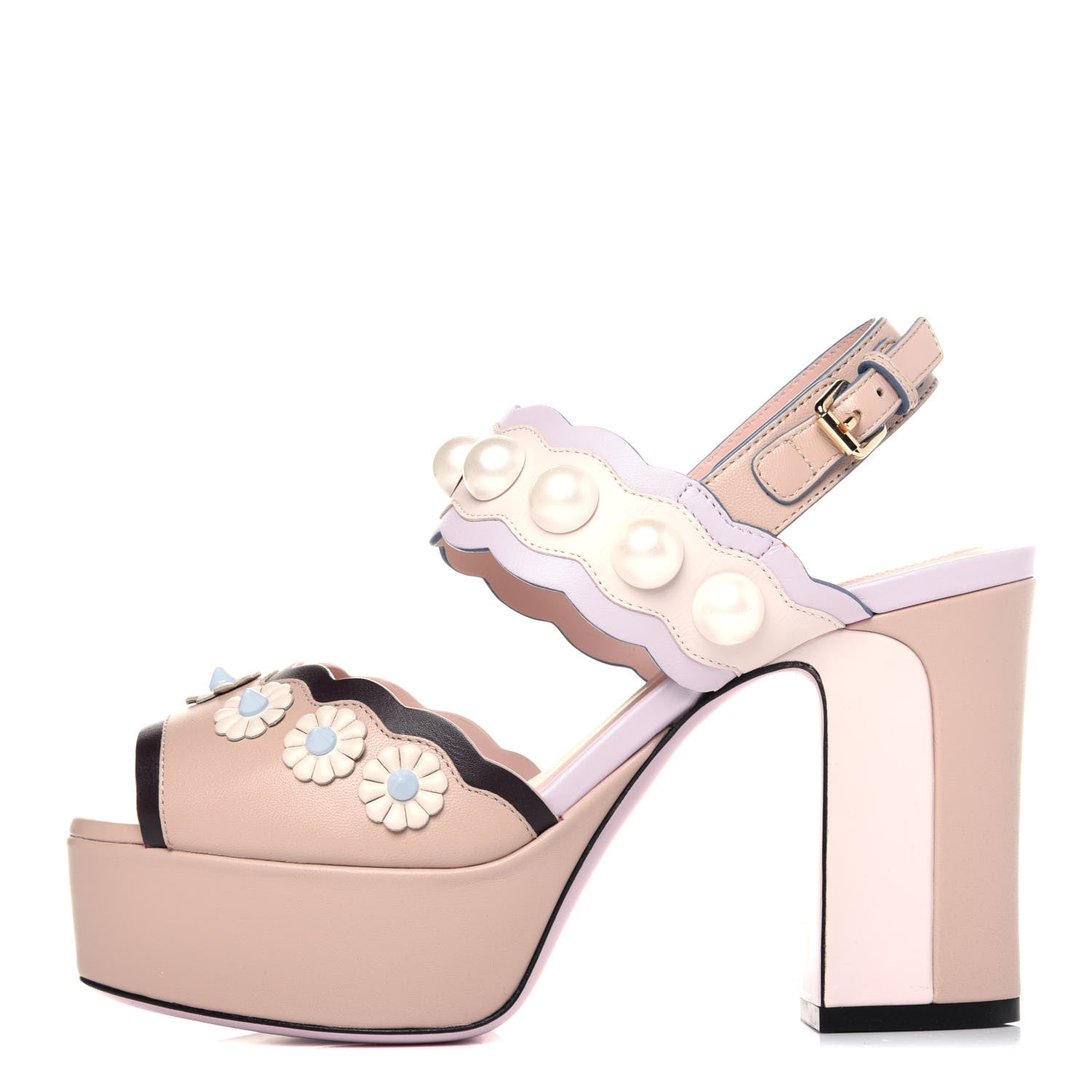 Fendi Calfskin Scalloped Pearl Studded Flower Embellished Platform Sandals 35 Beige Multicolor 1 of 14