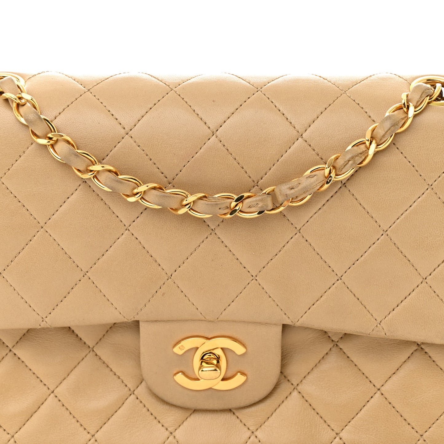 Lambskin Quilted Medium Double Flap Beige