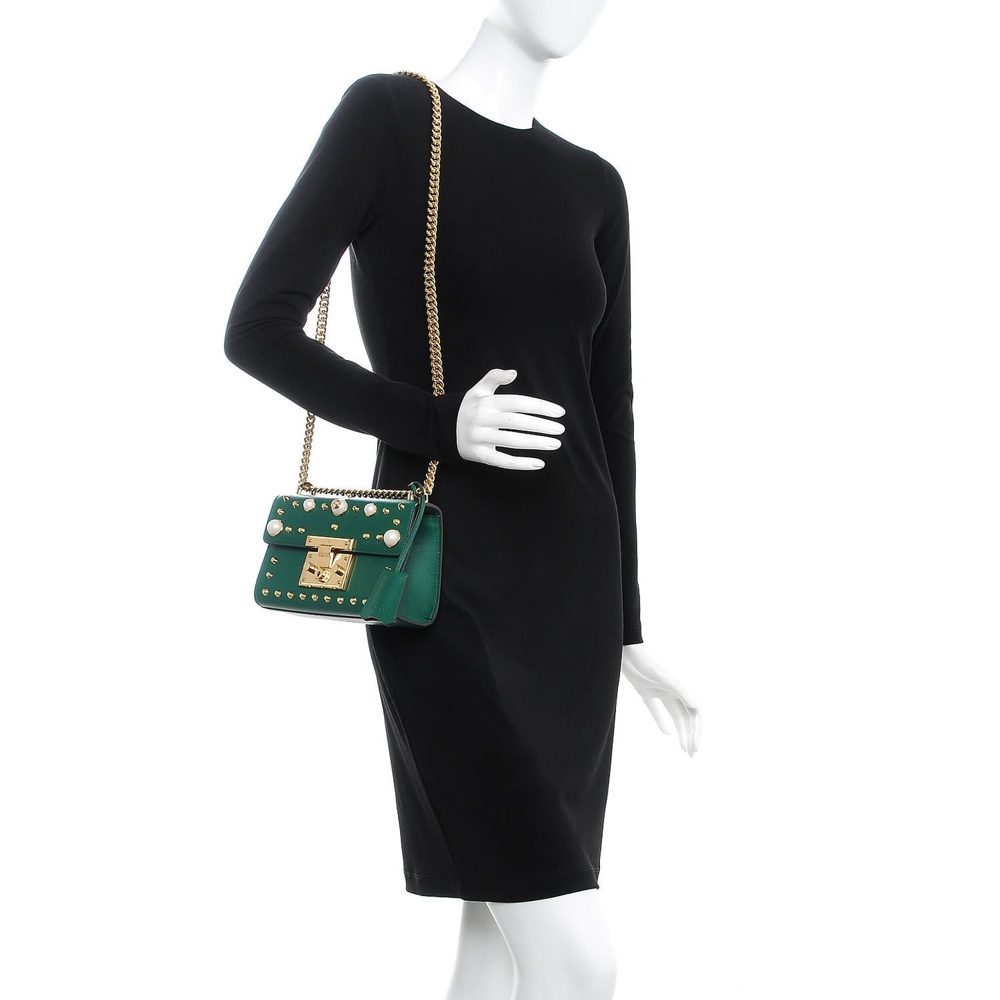 Calfskin Studded Small Padlock Shoulder Bag Emerald