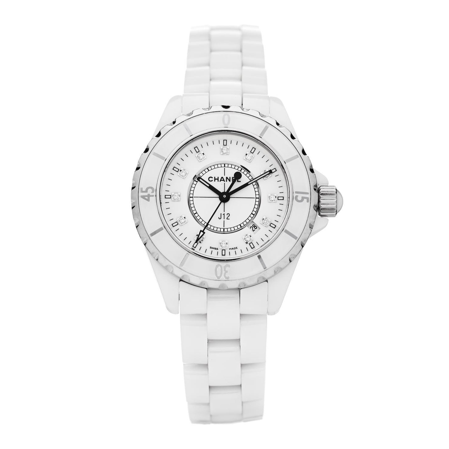 Stainless Steel Ceramic Diamond 33mm J12 Quartz Watch White