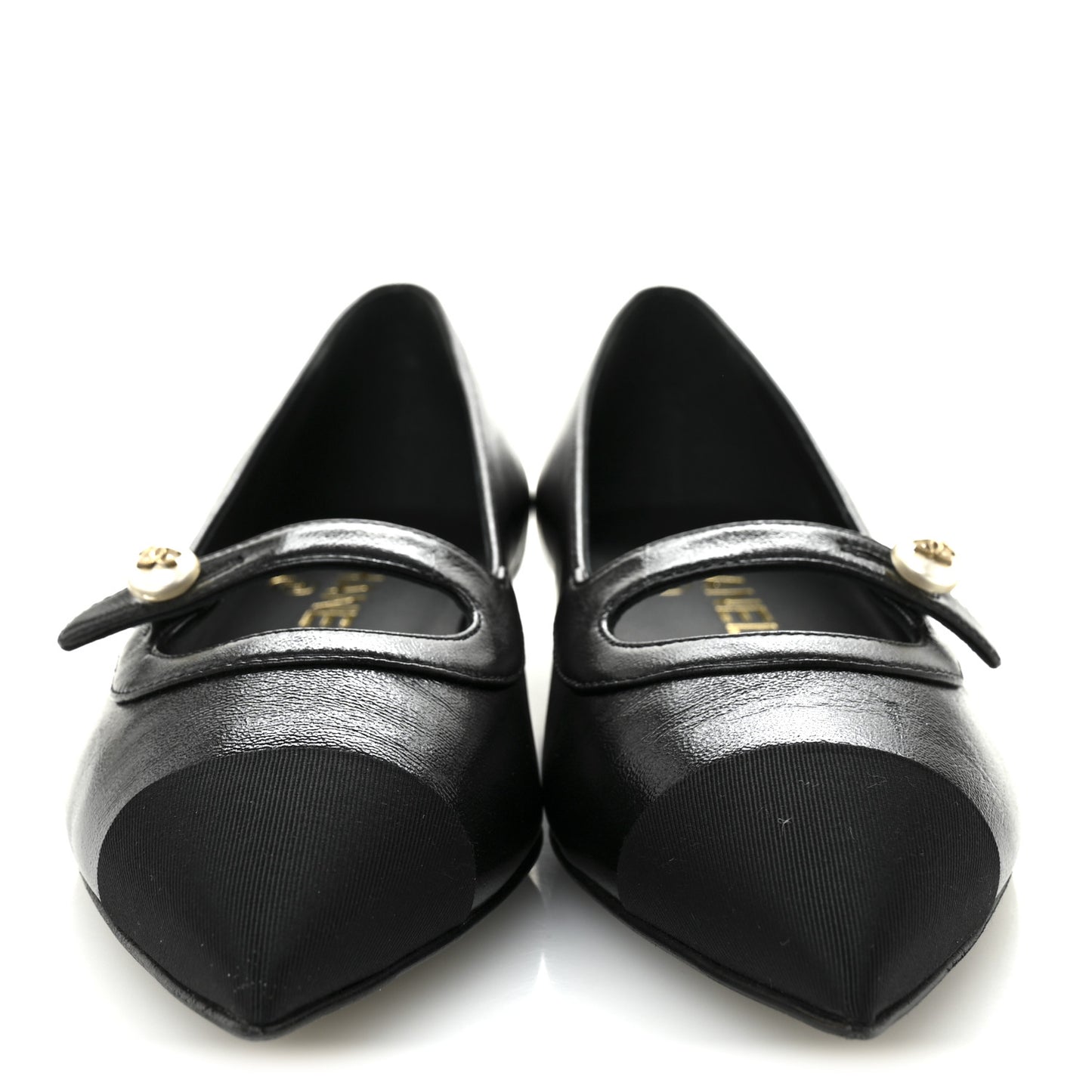 Shiny Lambskin Grosgrain Pearl Mary Jane Flats 36 Black