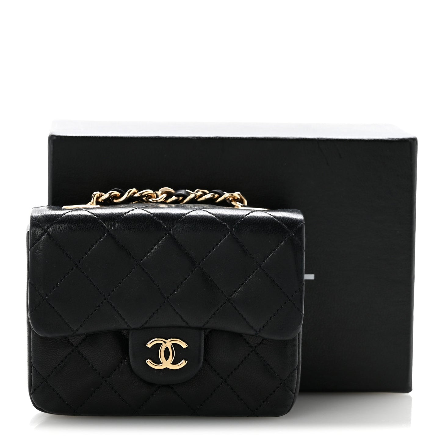 Lambskin Quilted Micro Flap Bag Charm Keychain Black
