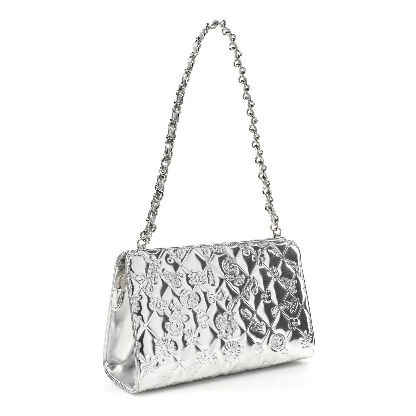 Metallic Patent Calfskin Lucky Symbols Pochette Silver