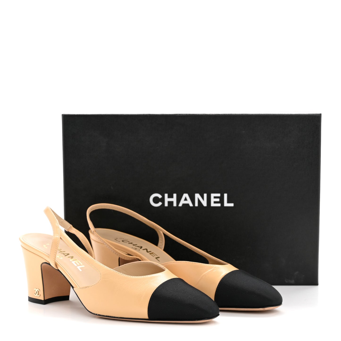 Goatskin Grosgrain Cap Toe CC Slingback Pumps 38 Beige Black