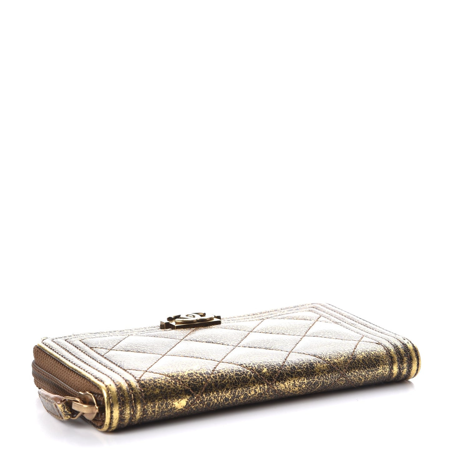 Cracked Metallic Calfskin Quilted Small Boy Zip Around Wallet Gold