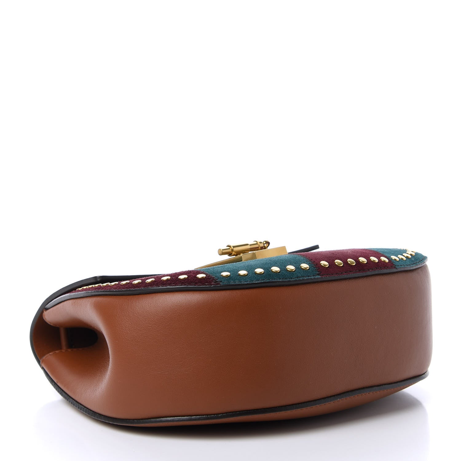 Chloe Suede Calfskin Striped Patchwork Studded Drew Shoulder Bag Caramel Multicolor 4 of 9