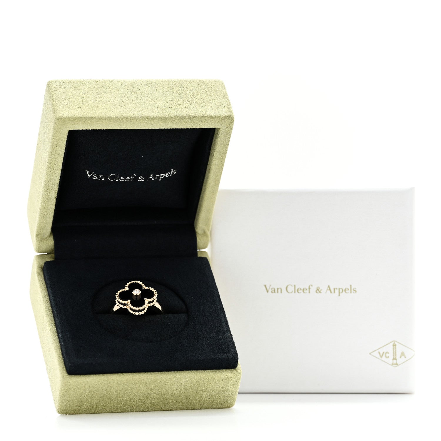 Van Cleef & Arpels 18K Yellow Gold Diamond Black Onyx Vintage Alhambra Ring 56 7.75 6 of 6