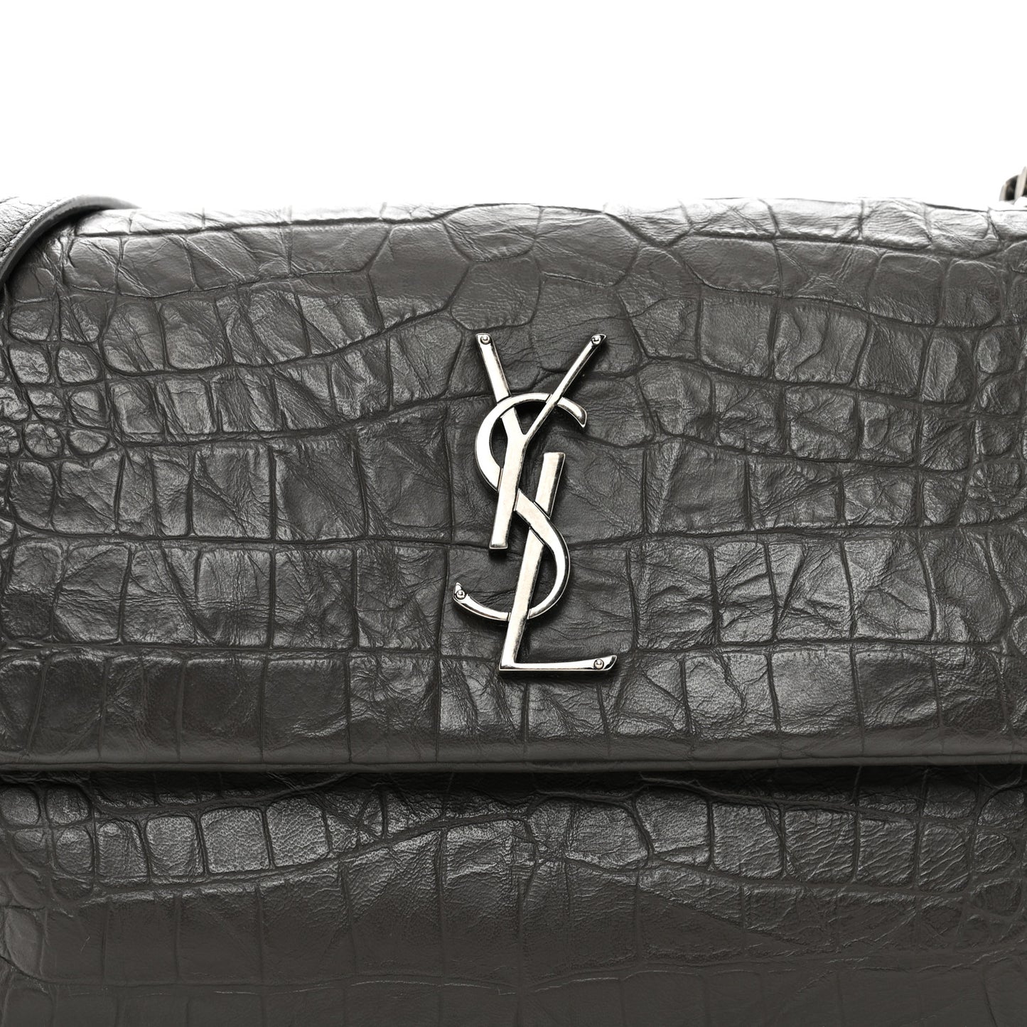 Calfskin Crocodile Embossed Medium West Hollywood Monogram Fold-Over Grey