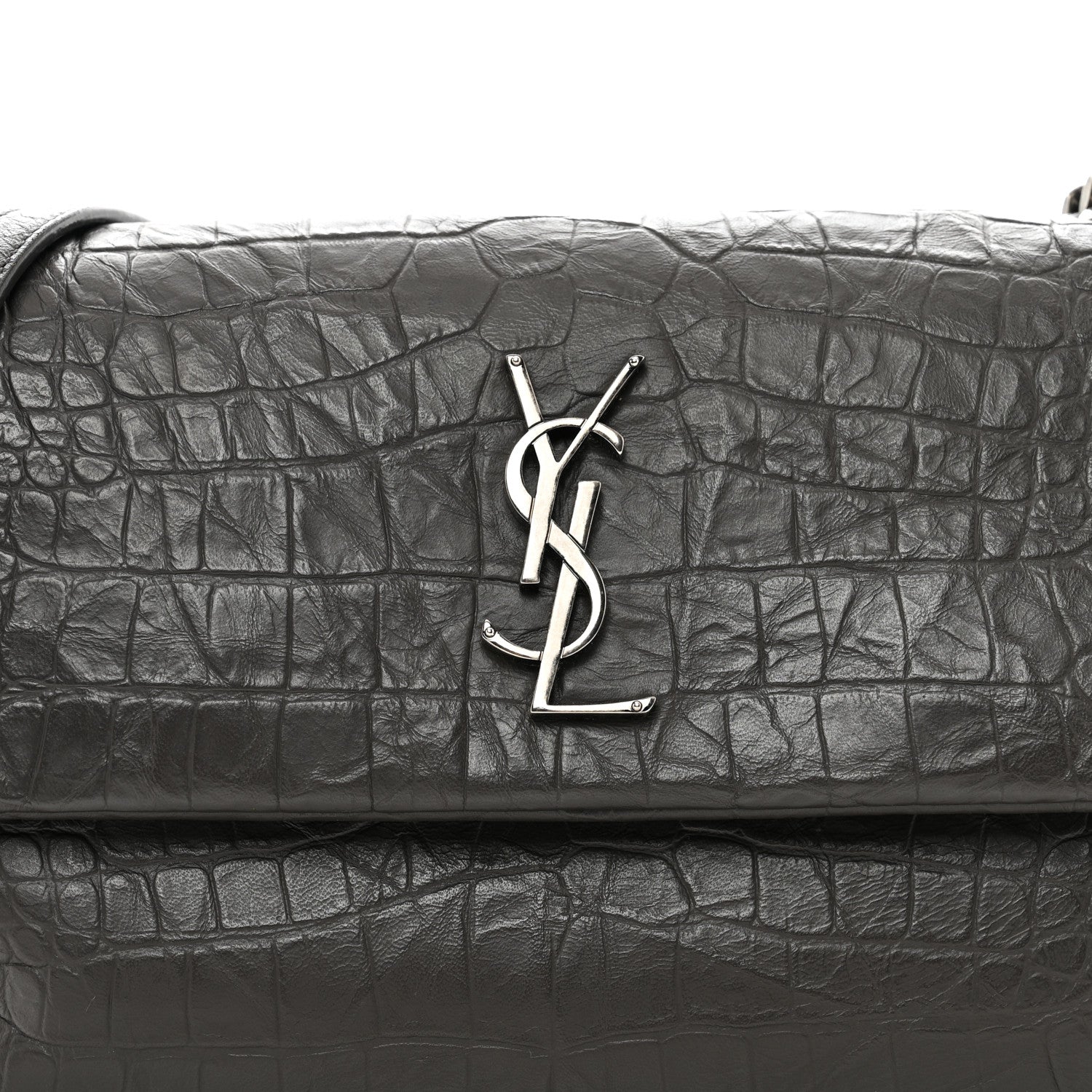 Saint Laurent Calfskin Crocodile Embossed Medium West Hollywood Monogram Fold-Over Grey 7 of 9