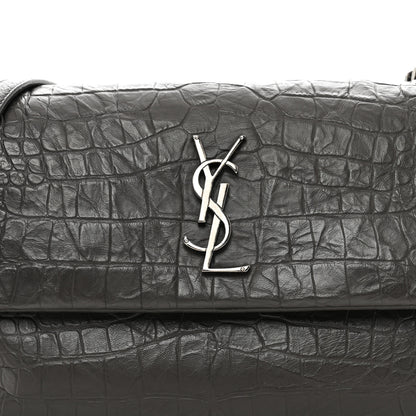 Saint Laurent Calfskin Crocodile Embossed Medium West Hollywood Monogram Fold-Over Grey 7 of 9