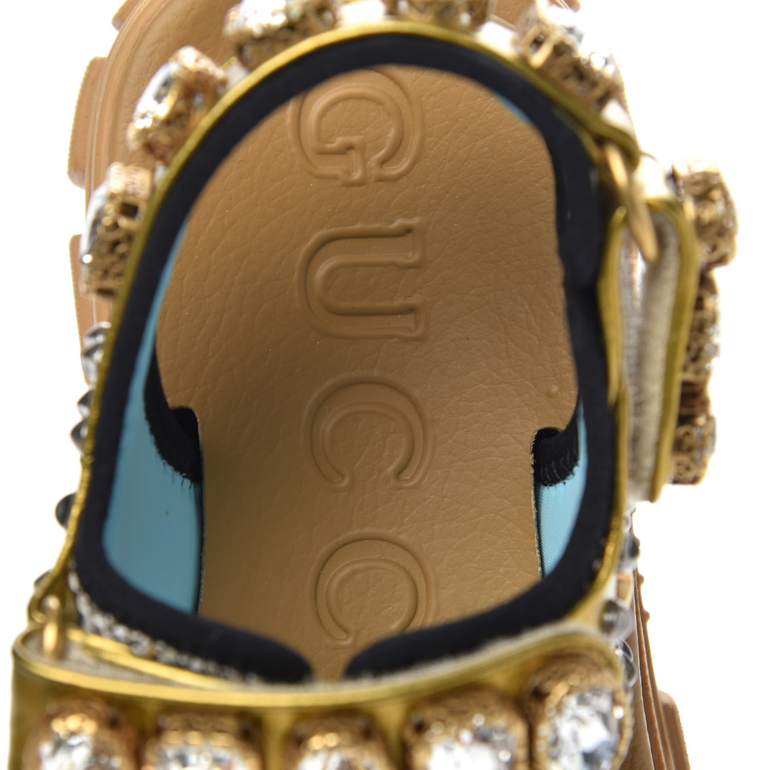 Gucci Silk Calfskin Mesh Crystal Embellished Studded Womens Aguru Sandals 35.5 Gold 7 of 8