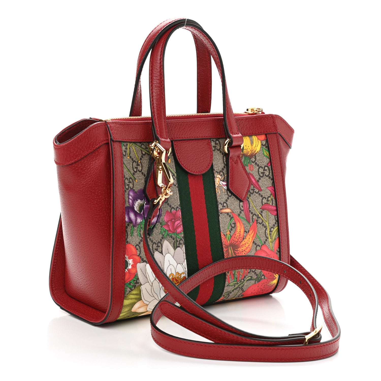 Gucci GG Supreme Monogram Flora Web Small Ophidia Tote Bag Red 3 of 9