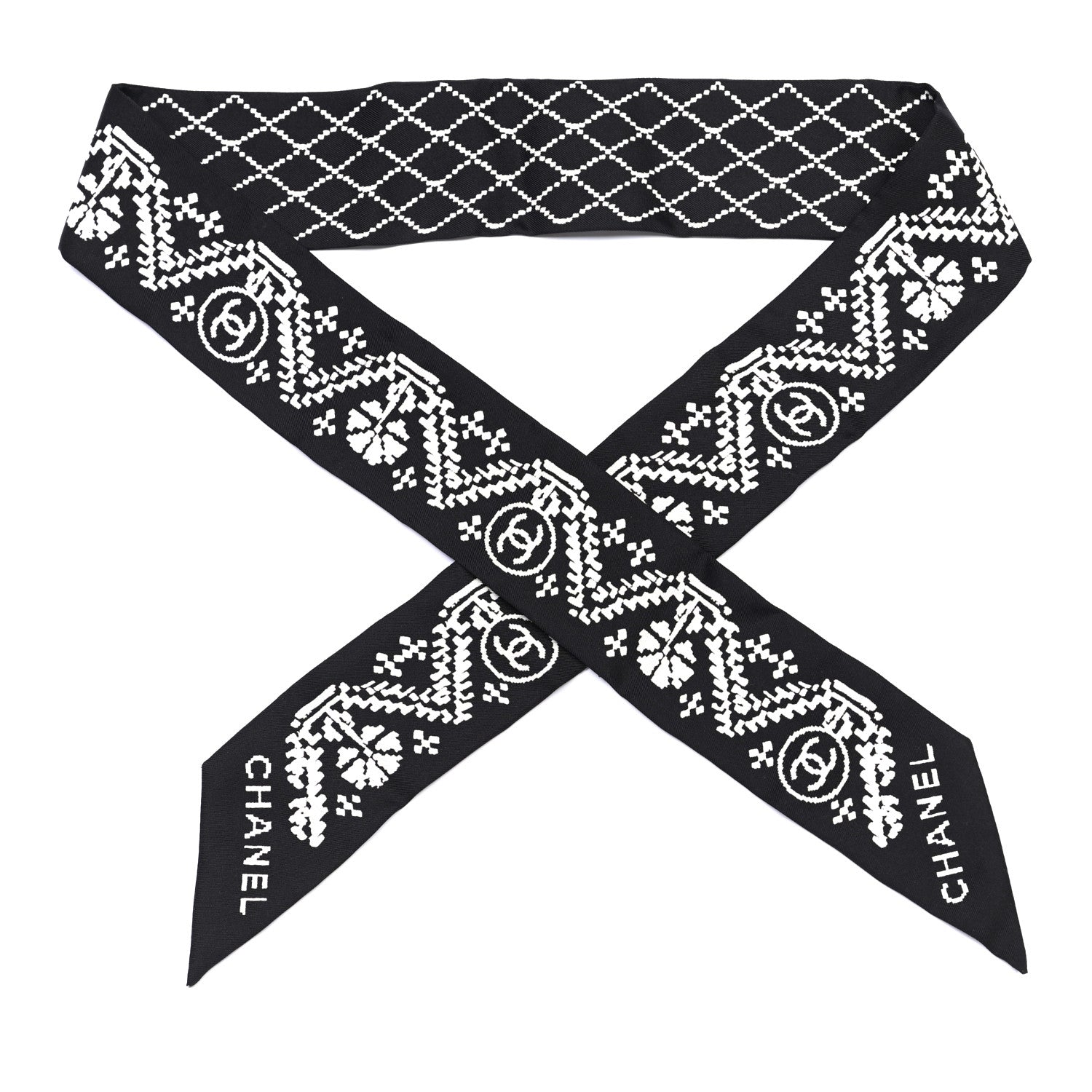 Chanel Silk Logo Slim Bandeau Scarf Black White 1 of 3