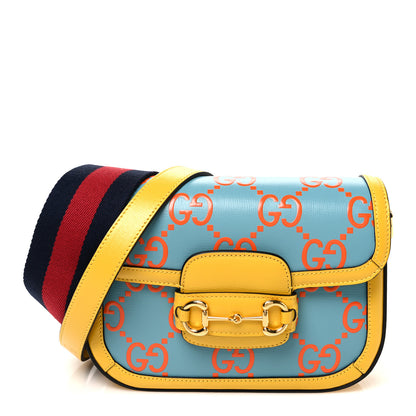 Gucci Azalea Calfskin GG Monogram Bi-Color Debossed Mini Horsebit 1955 Shoulder Bag Dusty Azure Stone Topaz Deep Orange 1 of 10