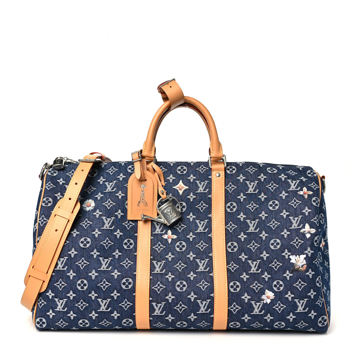 Louis Vuitton Denim Monogram Flowers Keepall Bandouliere 50 Blue 1 of 8