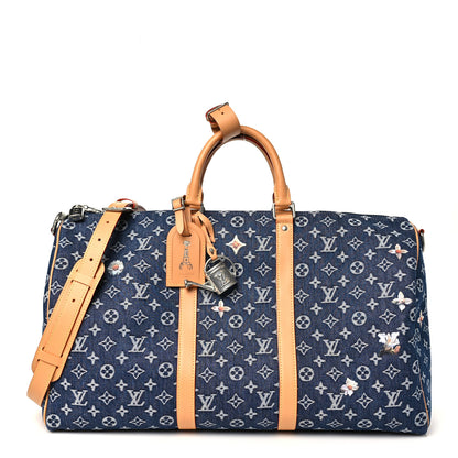 Louis Vuitton Denim Monogram Flowers Keepall Bandouliere 50 Blue 1 of 8