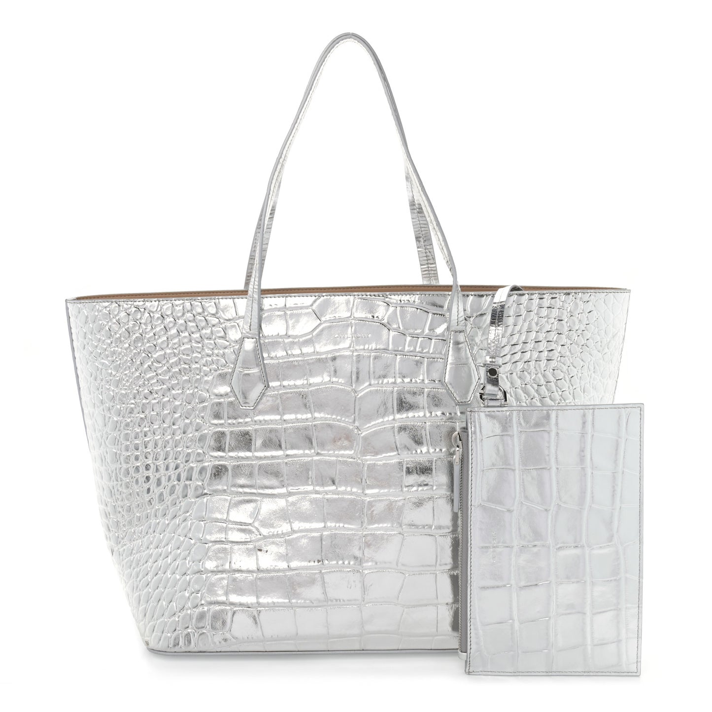 Metallic Calfskin Crocodile Embossed Wing Tote Silver