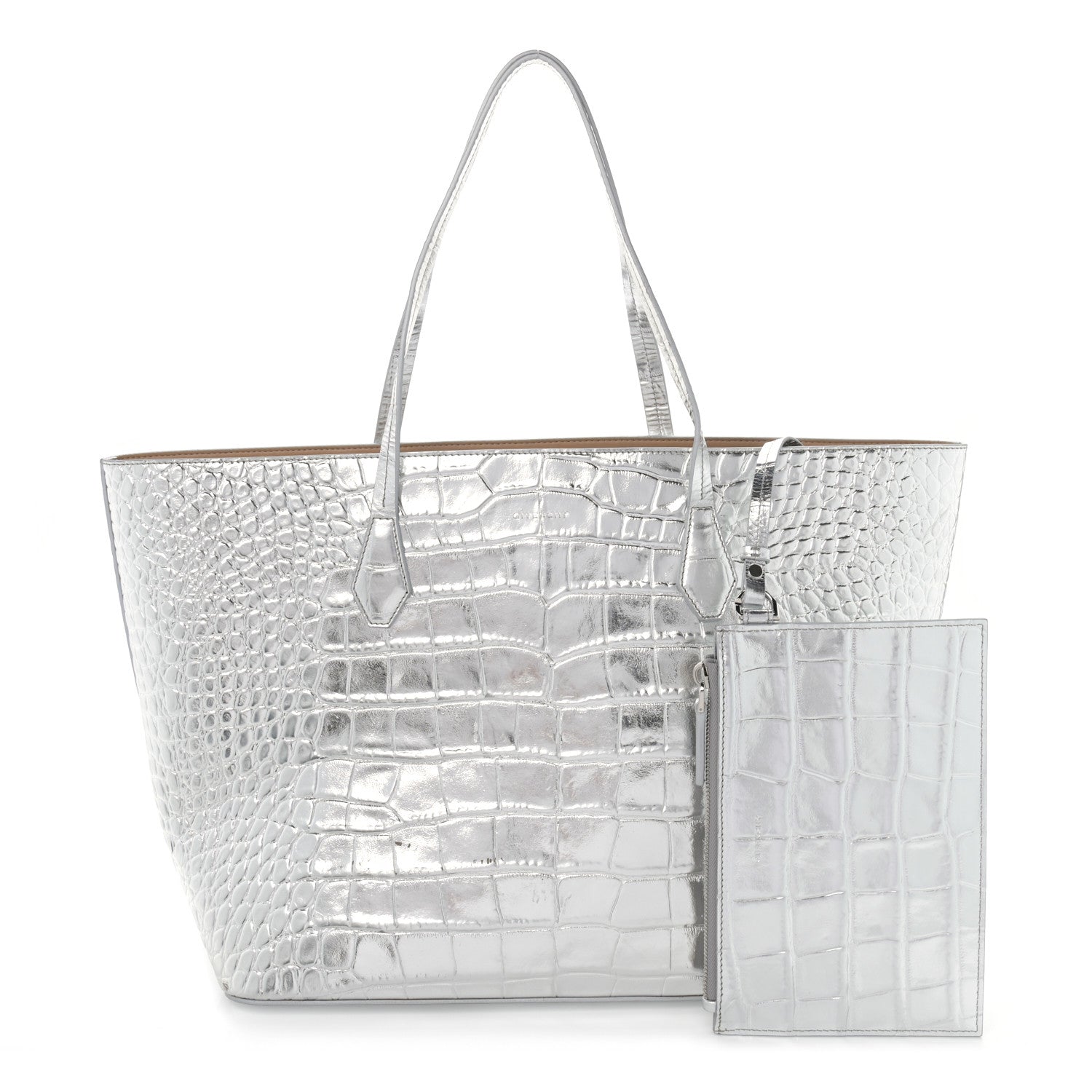 Givenchy Metallic Calfskin Crocodile Embossed Wing Tote Silver 1 of 12