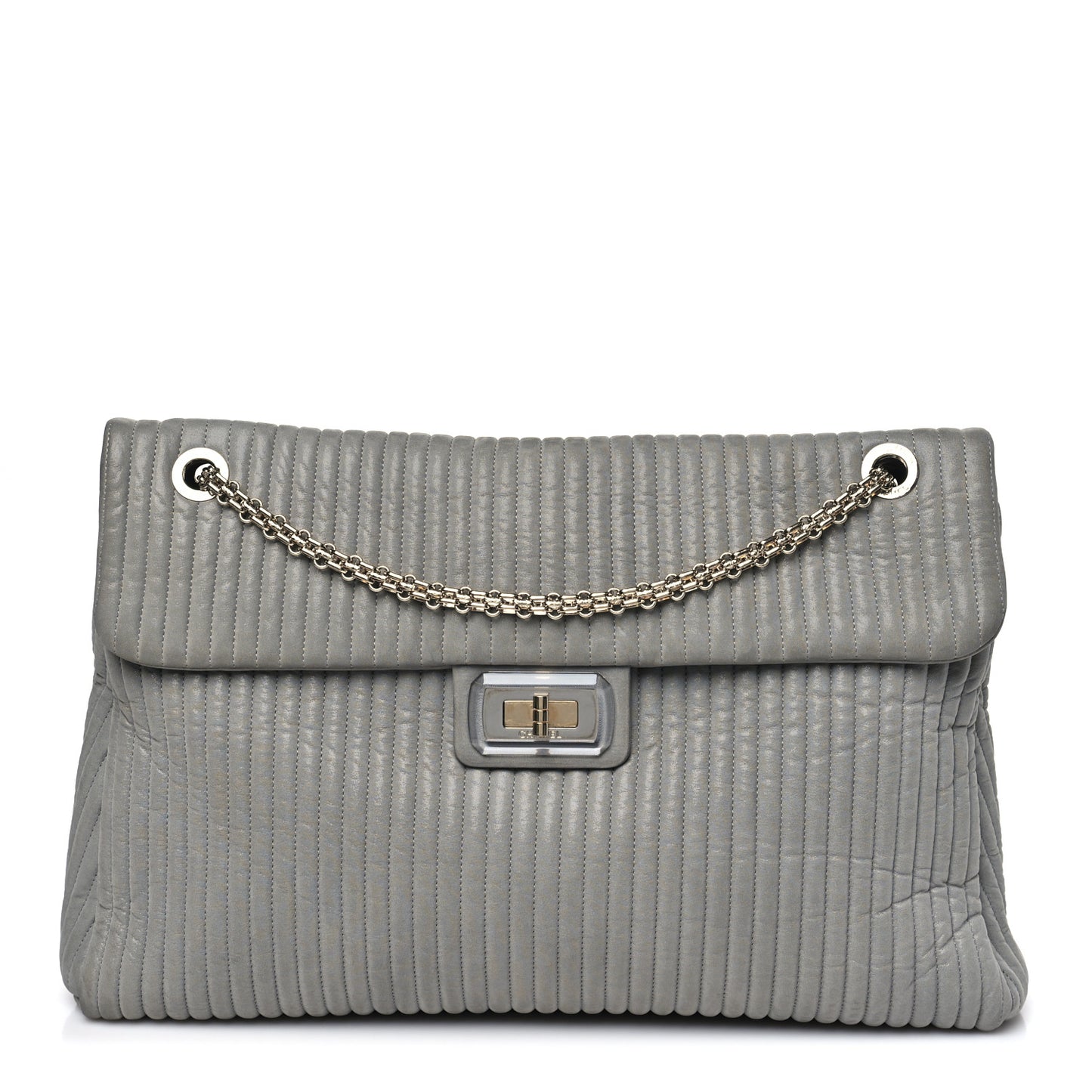 Iridescent Calfskin Vertical Quilted Mademoiselle Lock Bijoux Flap Shoulder Bag Grey