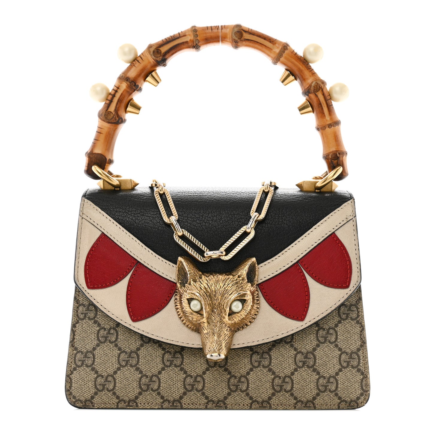 GG Supreme Monogram Goatskin Pearl Mini Fox Broche Bamboo Top Handle Bag Beige Ebony Black Hibiscus Red Mystic White