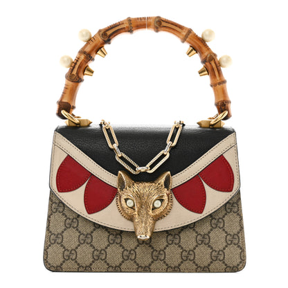 Gucci GG Supreme Monogram Goatskin Pearl Mini Fox Broche Bamboo Top Handle Bag Beige Ebony Black Hibiscus Red Mystic White 1 of 13