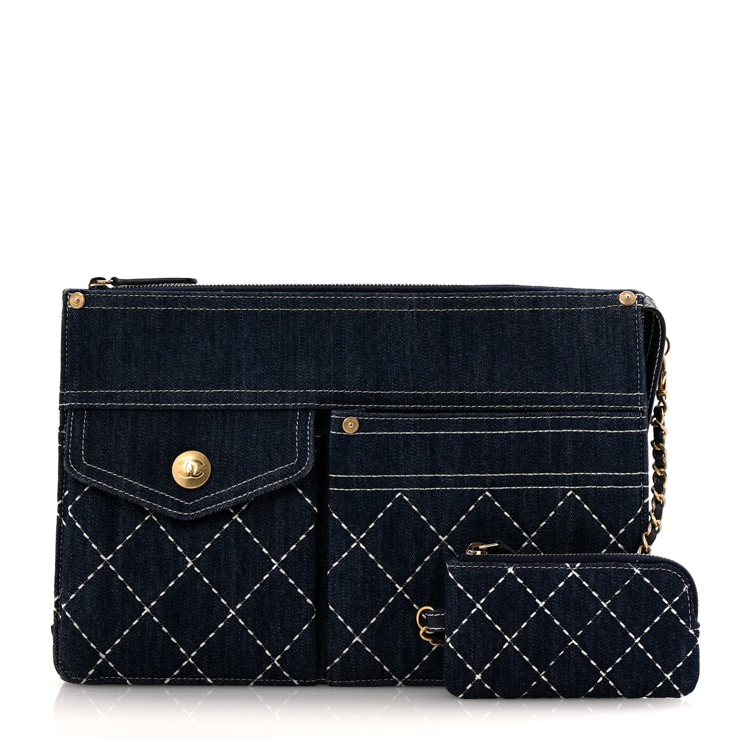 Chanel Denim Quilted Zipped Pouch Blue 3 of 10