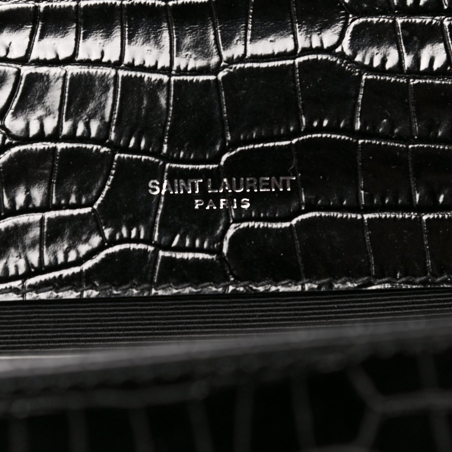 Calfskin Crocodile Embossed Medium Classic Monogram Kate Tassel Satchel Black